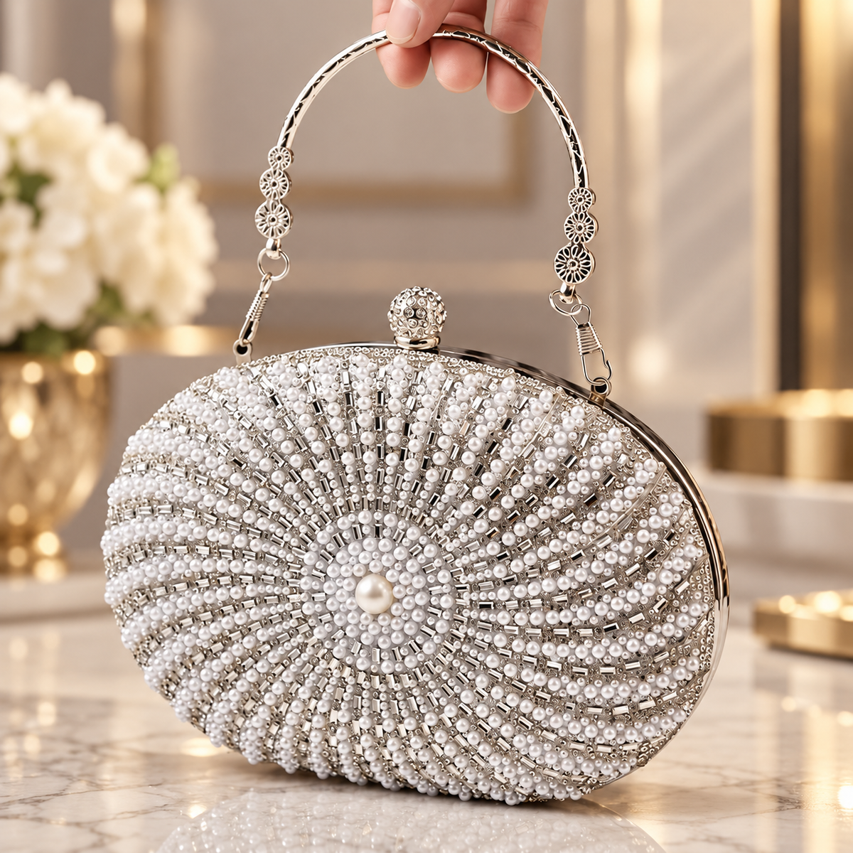 Elodie Pearl & Rhinestone Oval Evening Clutch with Metal Top Handle