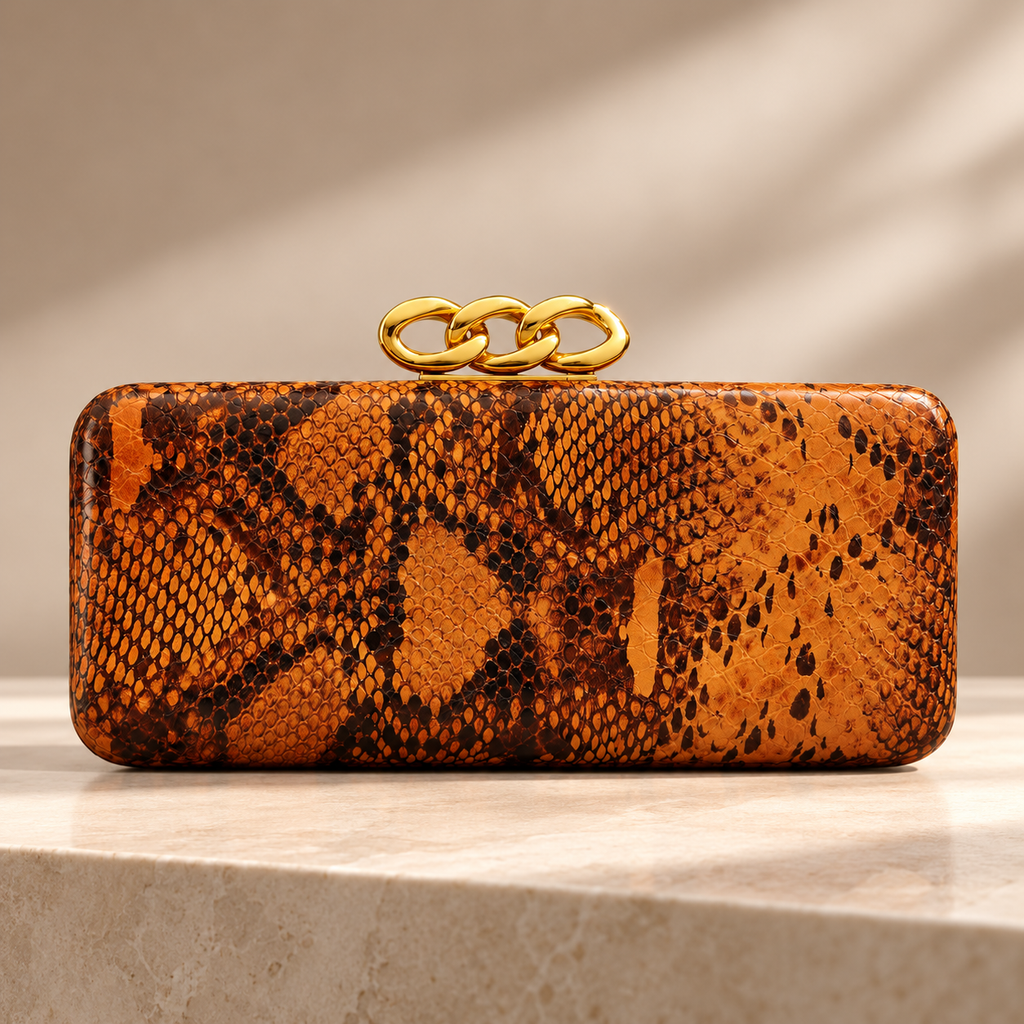 Camille Snakeskin-Print Chain Clasp Evening Clutch Bag