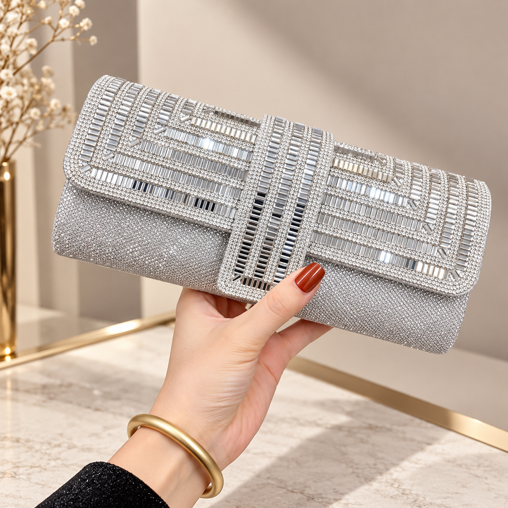 Vivienne Crystal Geometric Evening Clutch with Chain Strap