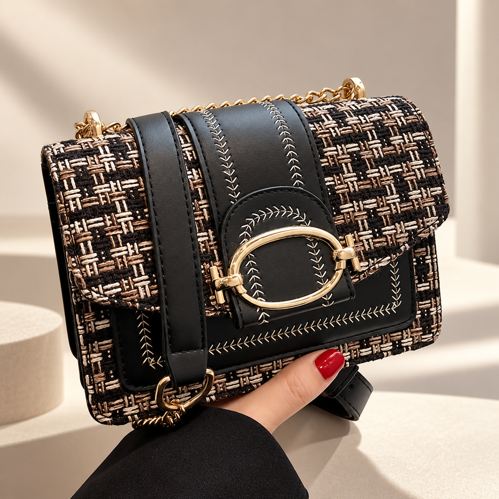 Elodie Tweed Crossbody Bag with Gold Oval Buckle