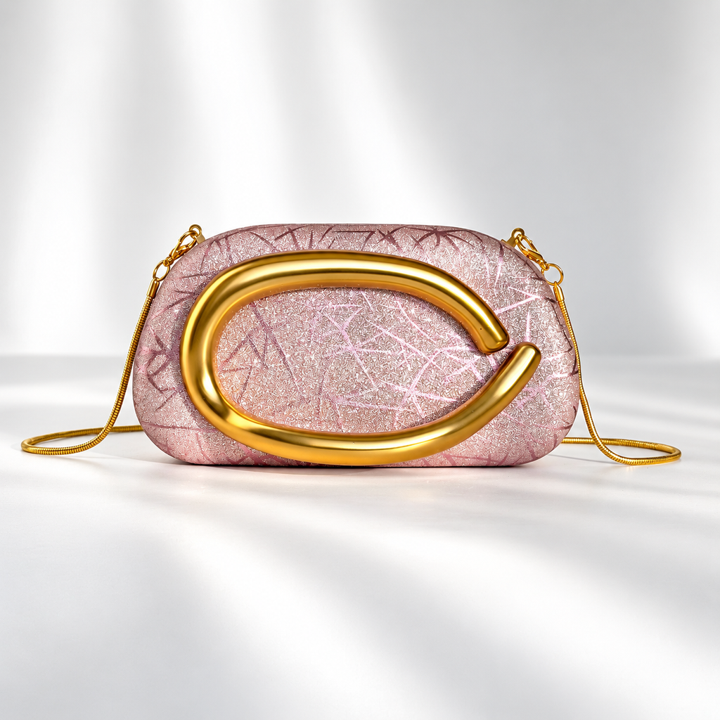 Camille Glitter Evening Clutch Bag with Gold Sculptural Handle