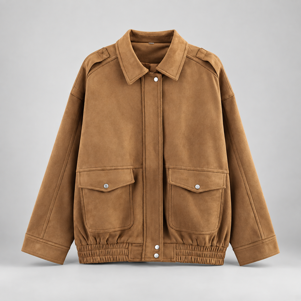 Bennett Women’s Faux Suede Utility Jacket – Relaxed Fit Snap-Front Bomber