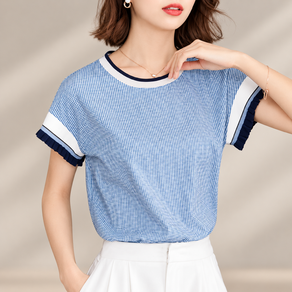 Beatrice Micro-Check Ruffle Sleeve Top