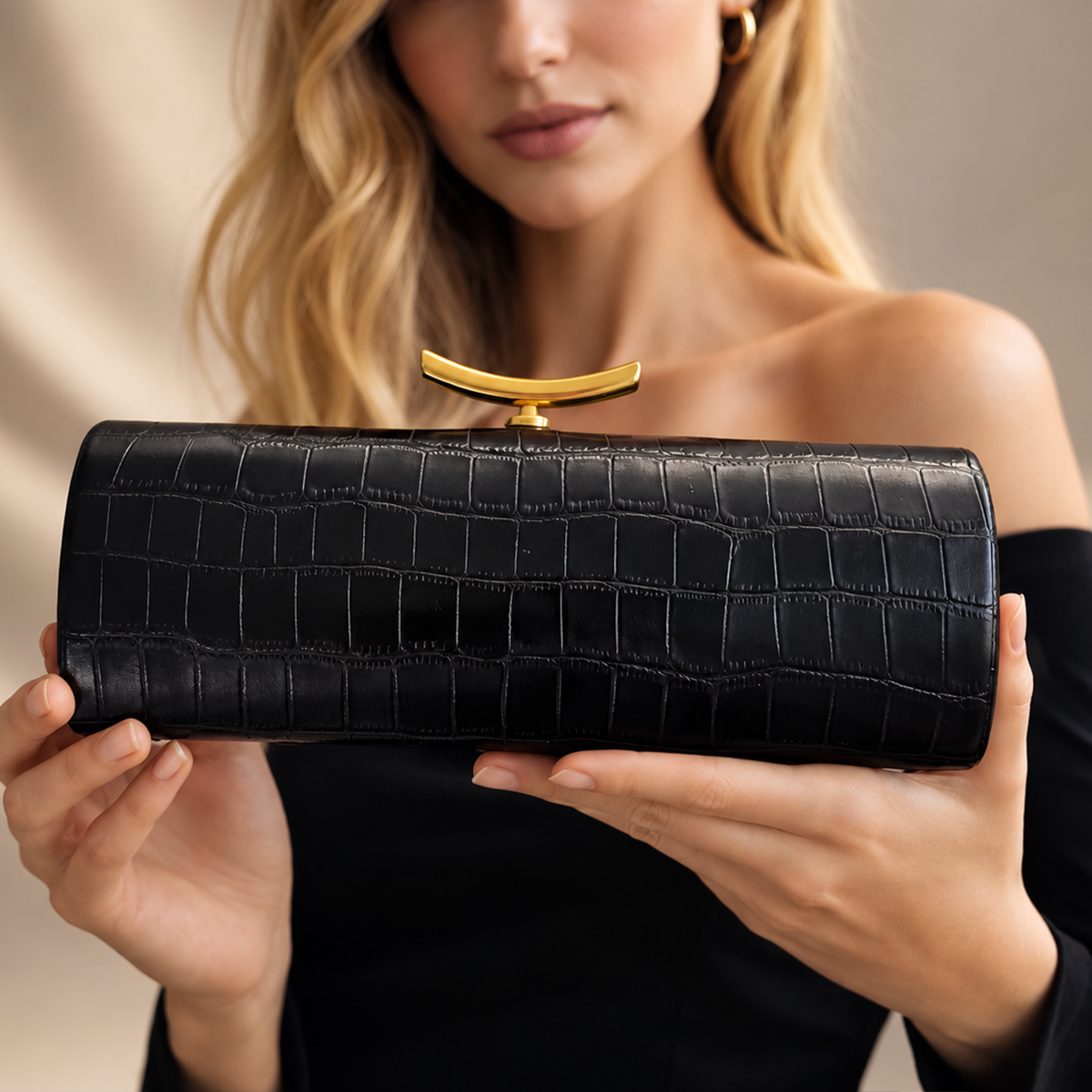Juliette Croc-Embossed Evening Clutch with Gold Bar Clasp