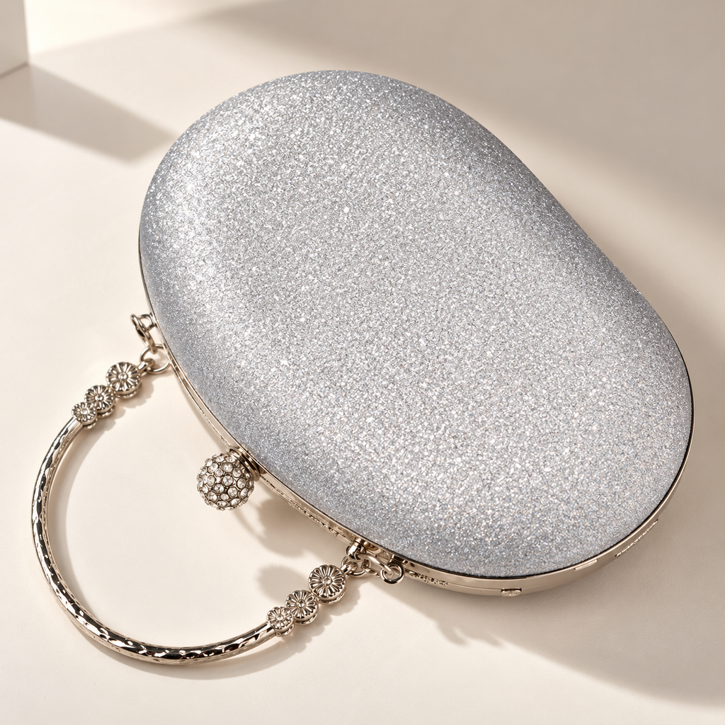 Elodie Pearl & Rhinestone Oval Evening Clutch with Metal Top Handle