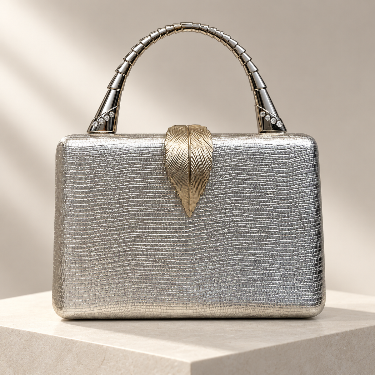 Camille Metallic Leaf Clasp Evening Clutch with Top Handle