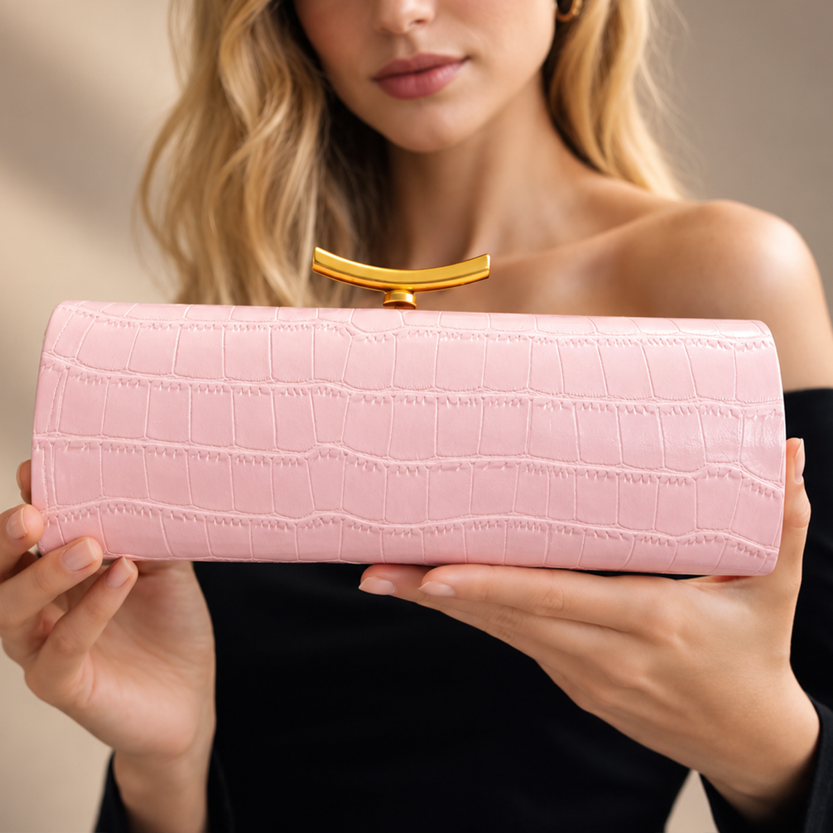 Juliette Croc-Embossed Evening Clutch with Gold Bar Clasp