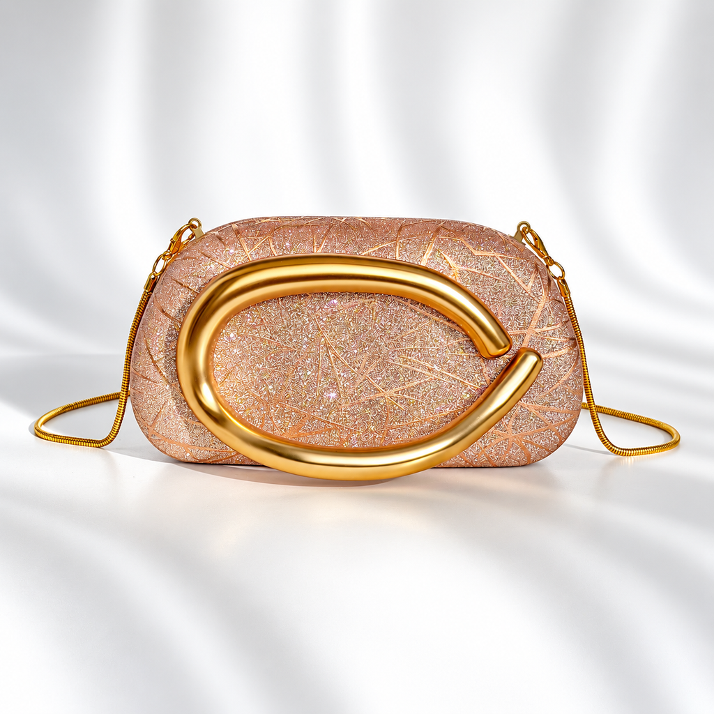 Camille Glitter Evening Clutch Bag with Gold Sculptural Handle