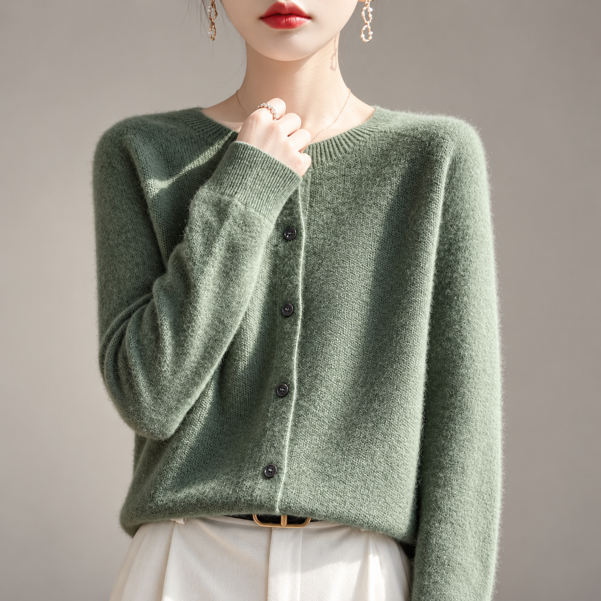 Amélie Women’s Soft Knit Button-Front Crew Neck Cardigan