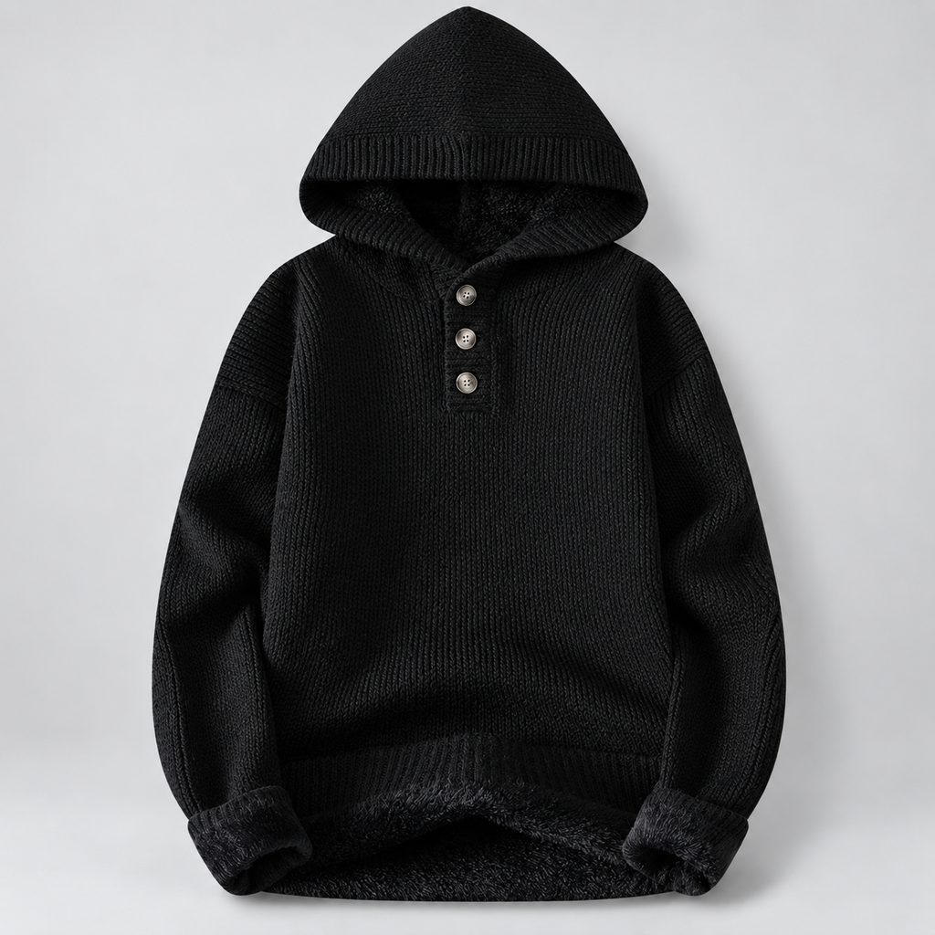 Langford Three-Button Hooded Sweater with Ribbed Trim