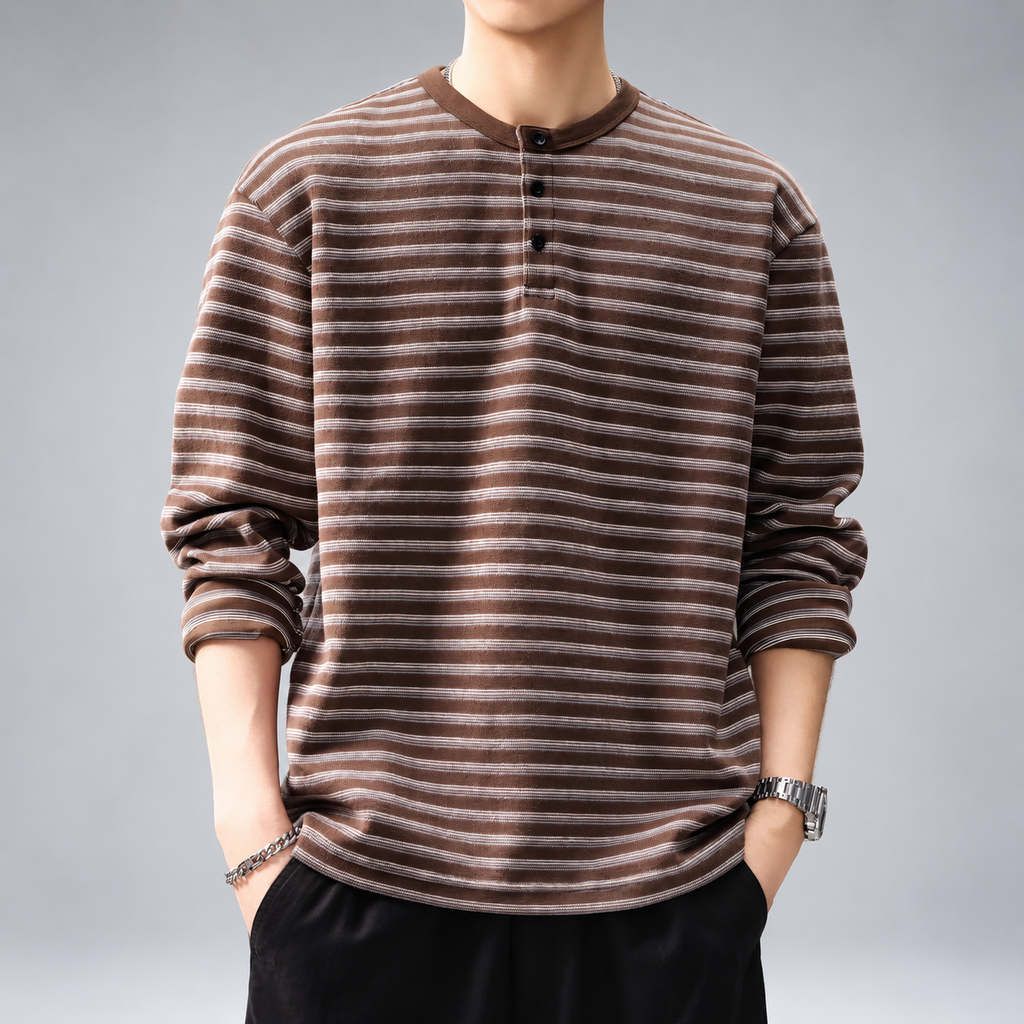 Amedeo Men's Striped Long Sleeve Henley Shirt with Three-Button Neckline
