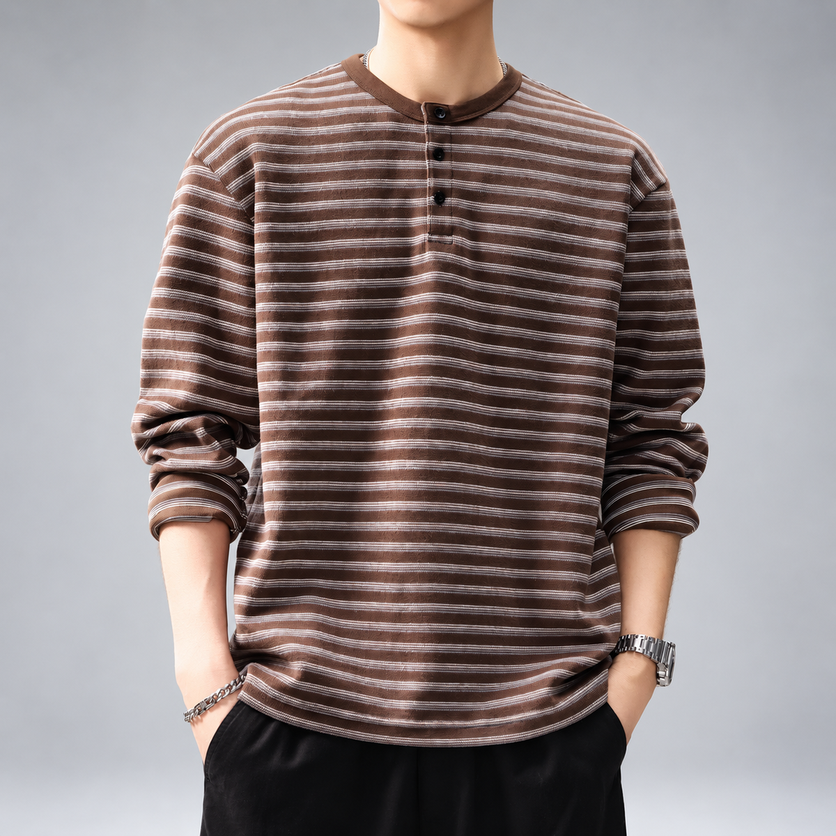 Amedeo Men's Striped Long Sleeve Henley Shirt with Three-Button Neckline