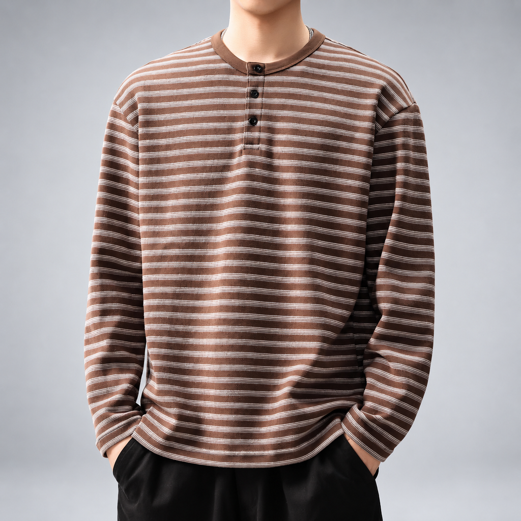 Amedeo Men's Striped Long Sleeve Henley Shirt with Three-Button Neckline