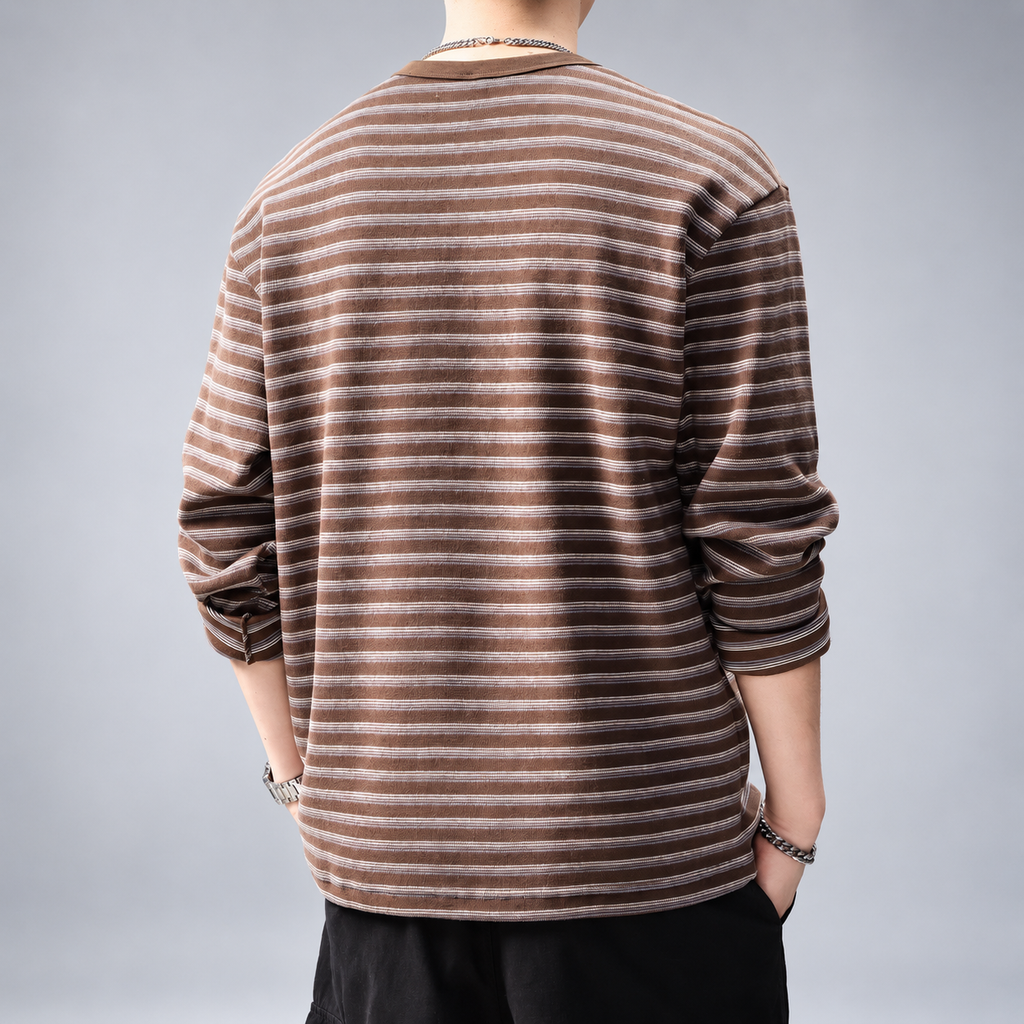 Amedeo Men's Striped Long Sleeve Henley Shirt with Three-Button Neckline