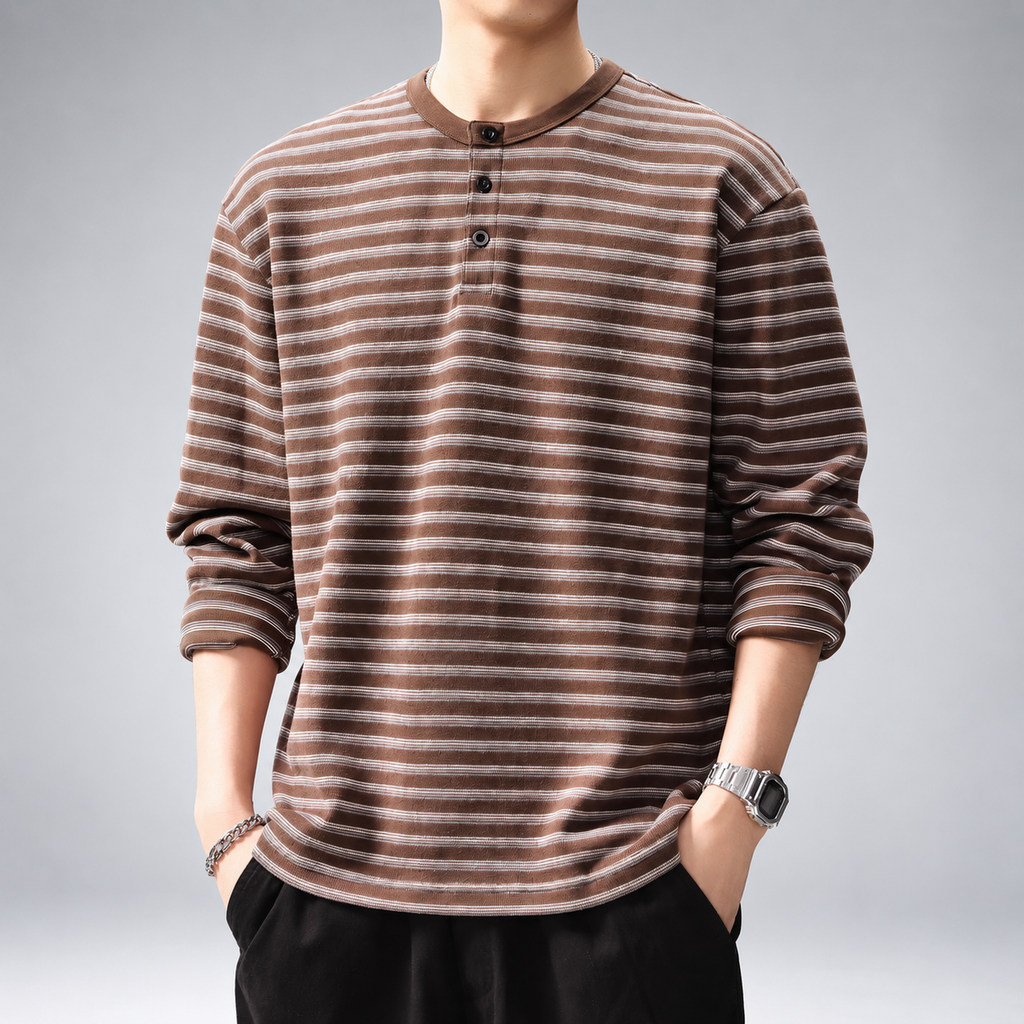 Amedeo Men's Striped Long Sleeve Henley Shirt with Three-Button Neckline