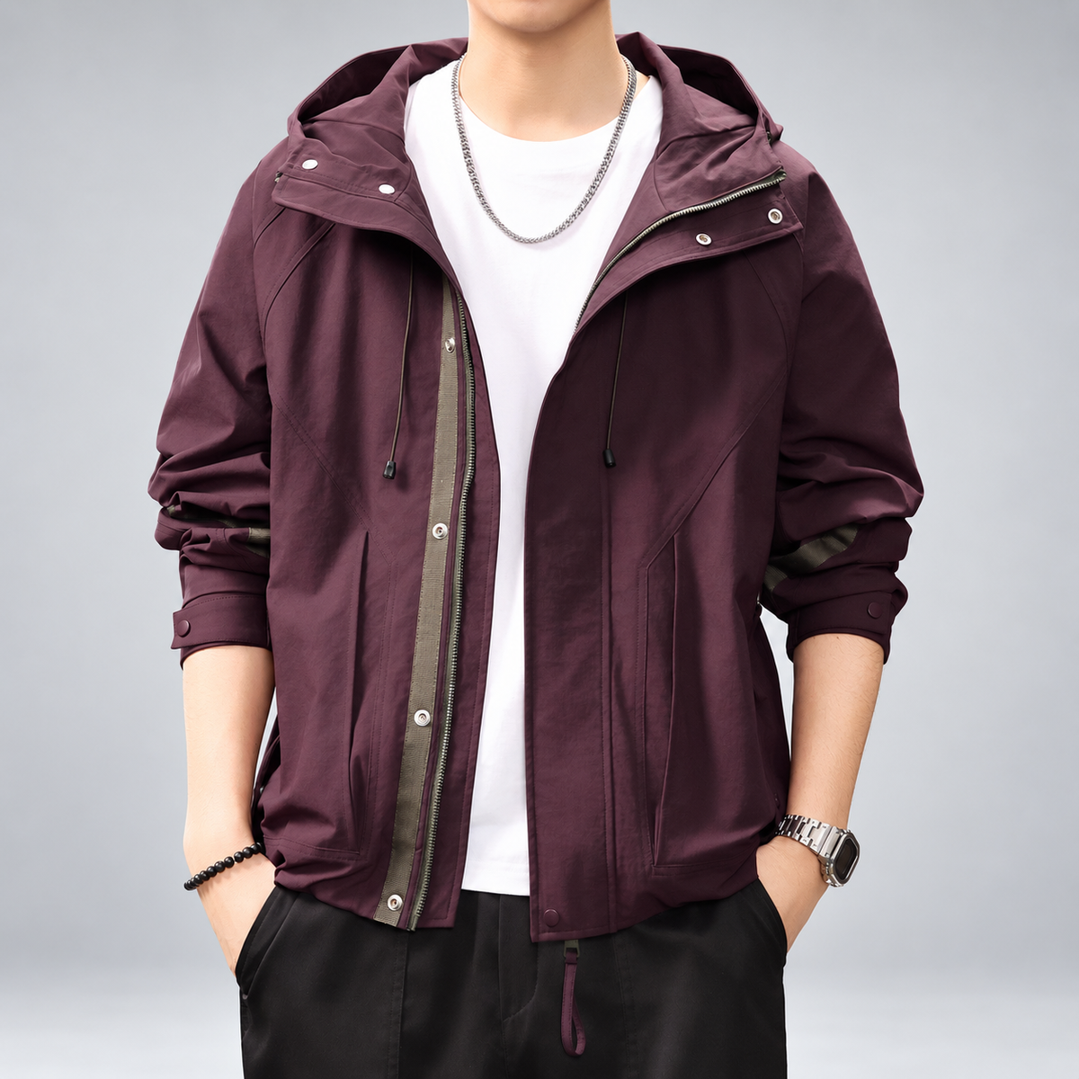 Hamilton Men's Drawstring Hood Jacket with Zipper and Snap Closure