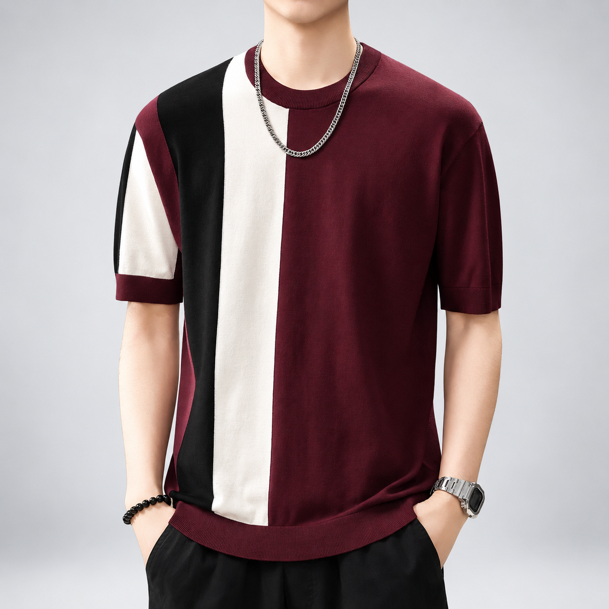 Cosmin Men's Color Block Short Sleeve Knit Crewneck Shirt