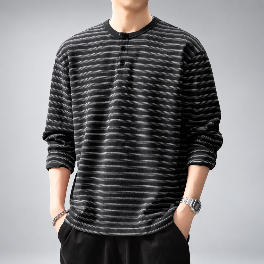 Amedeo Men's Striped Long Sleeve Henley Shirt with Three-Button Neckline
