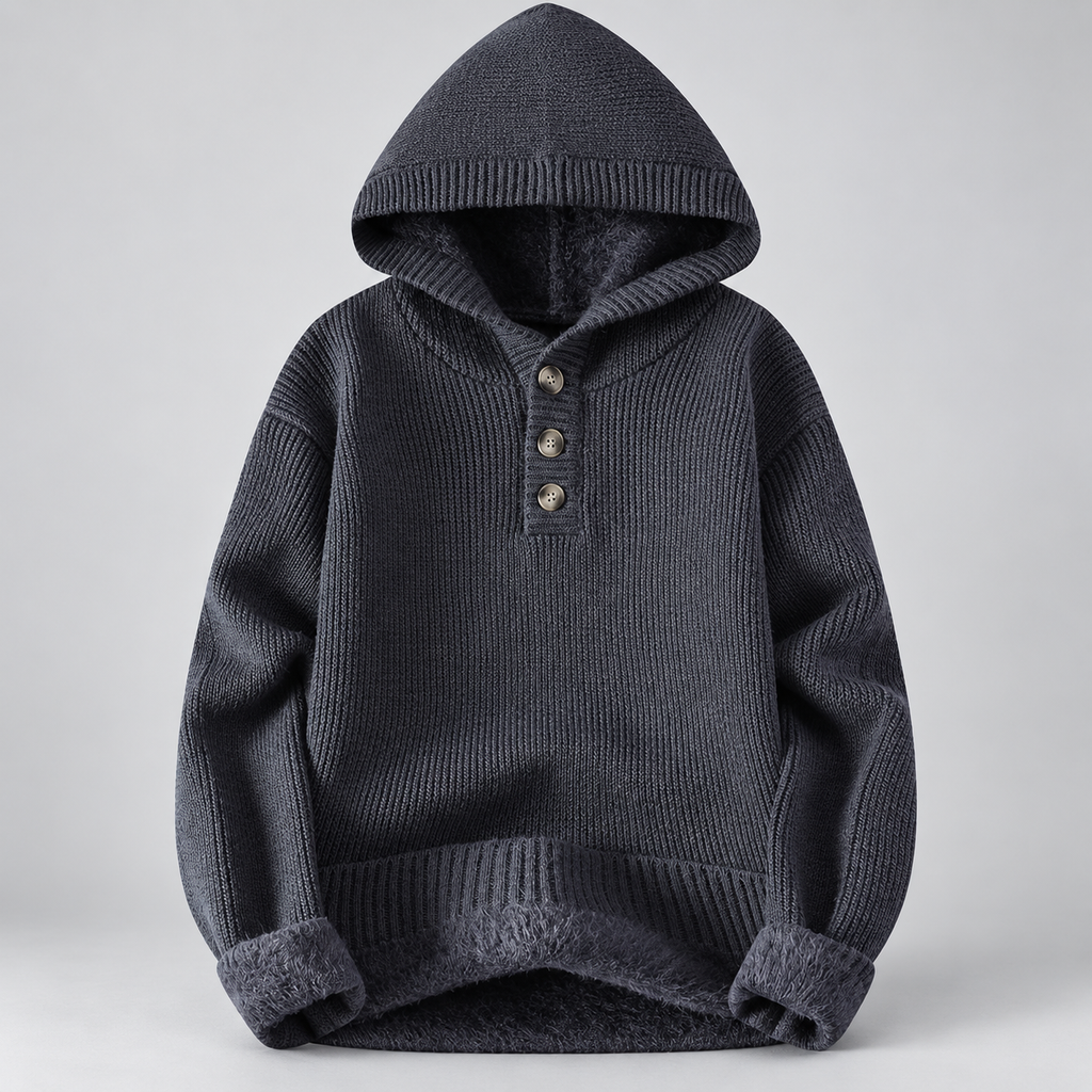Langford Three-Button Hooded Sweater with Ribbed Trim