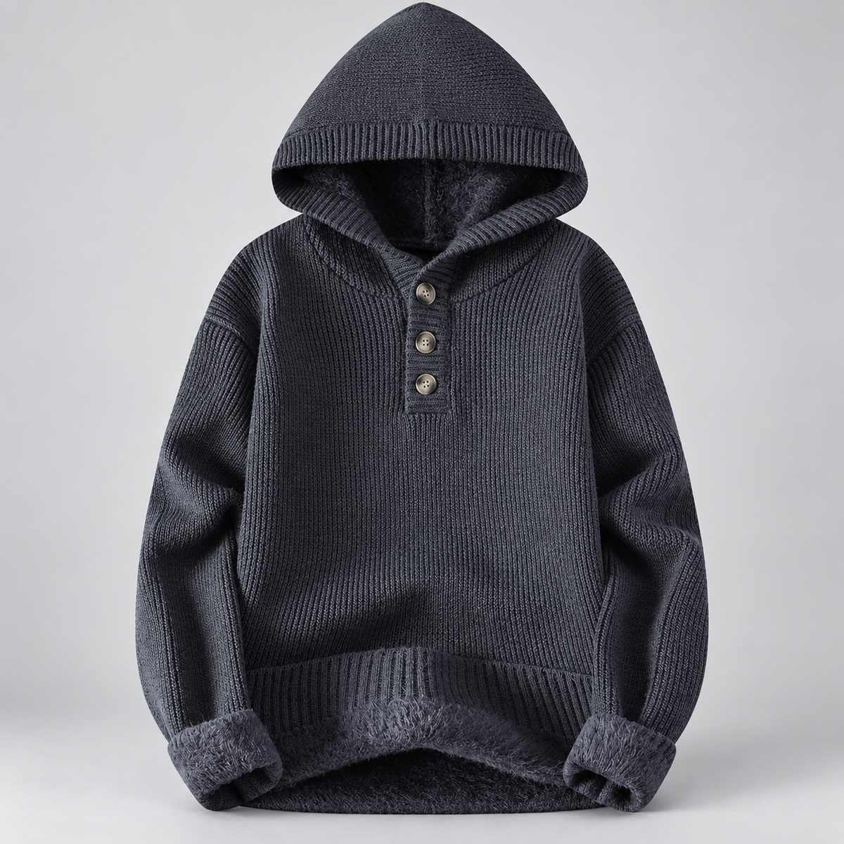 Langford Three-Button Hooded Sweater with Ribbed Trim