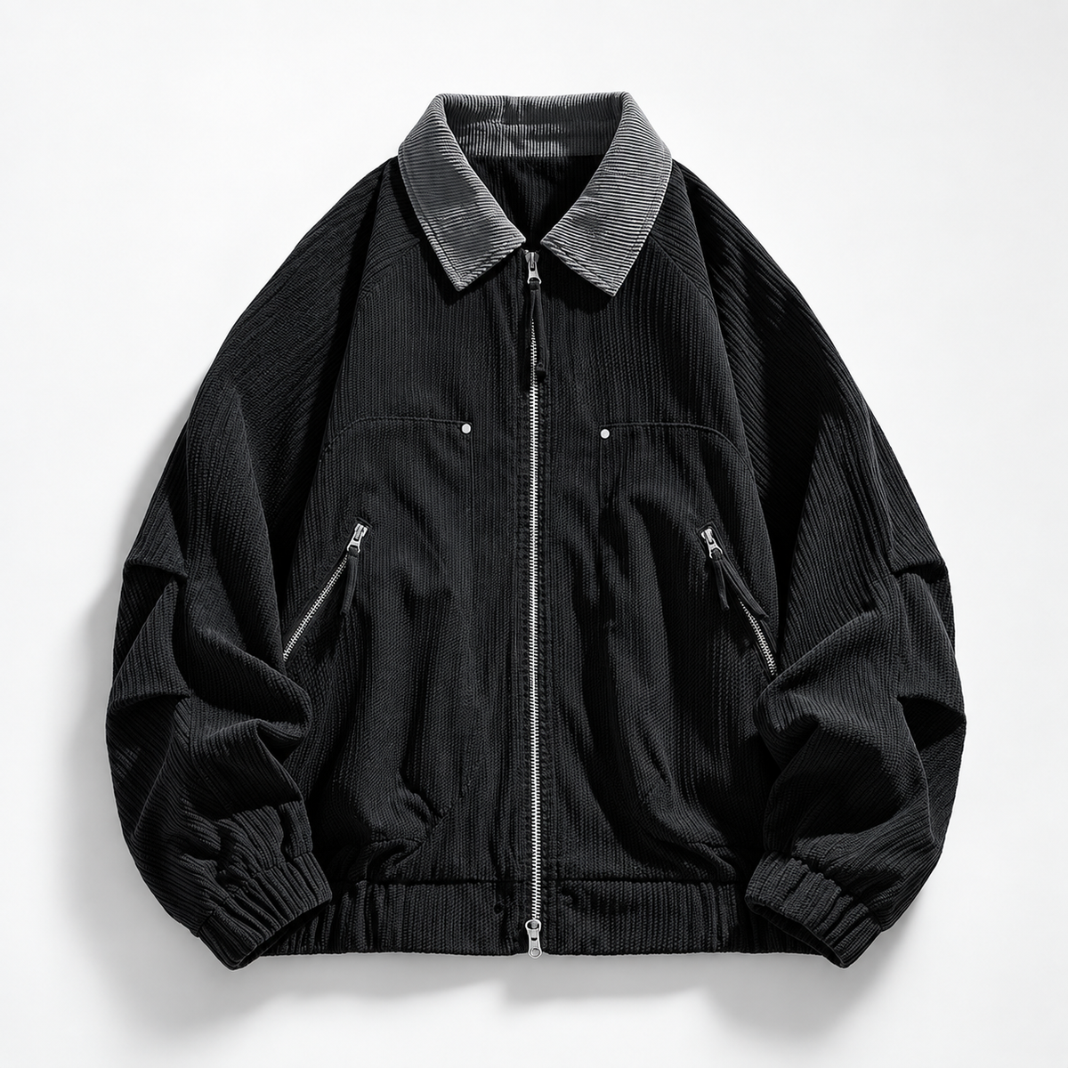 Elysian Textured Zip-Front Bomber Jacket with Contrast Collar