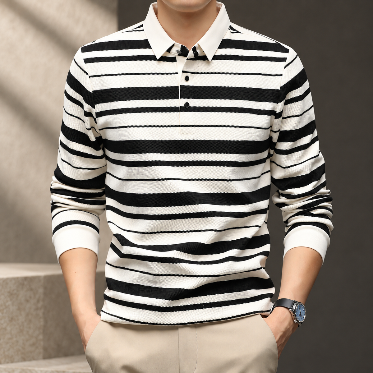 Azura Men’s Textured Stripe Long Sleeve Polo Sweater