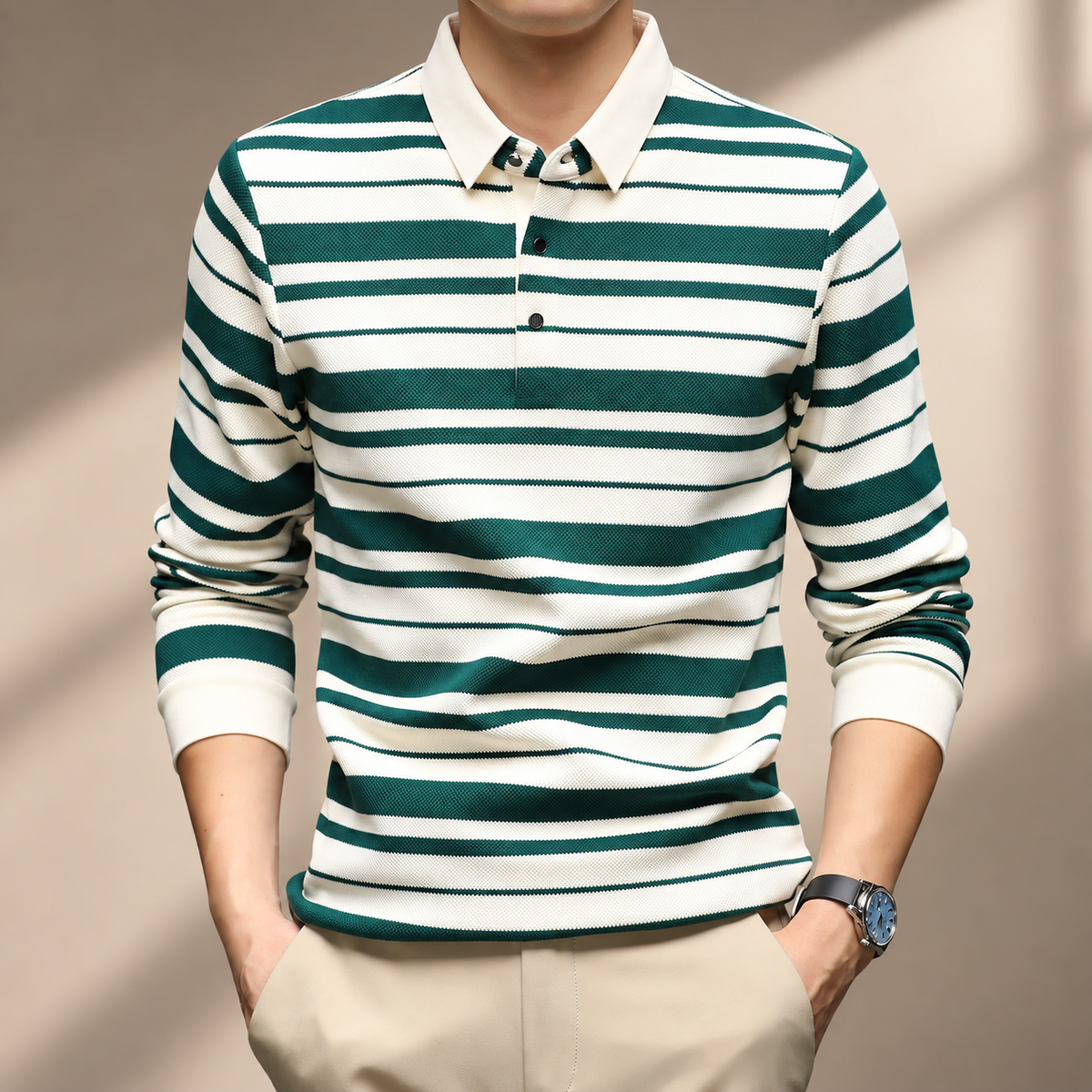 Azura Men’s Textured Stripe Long Sleeve Polo Sweater
