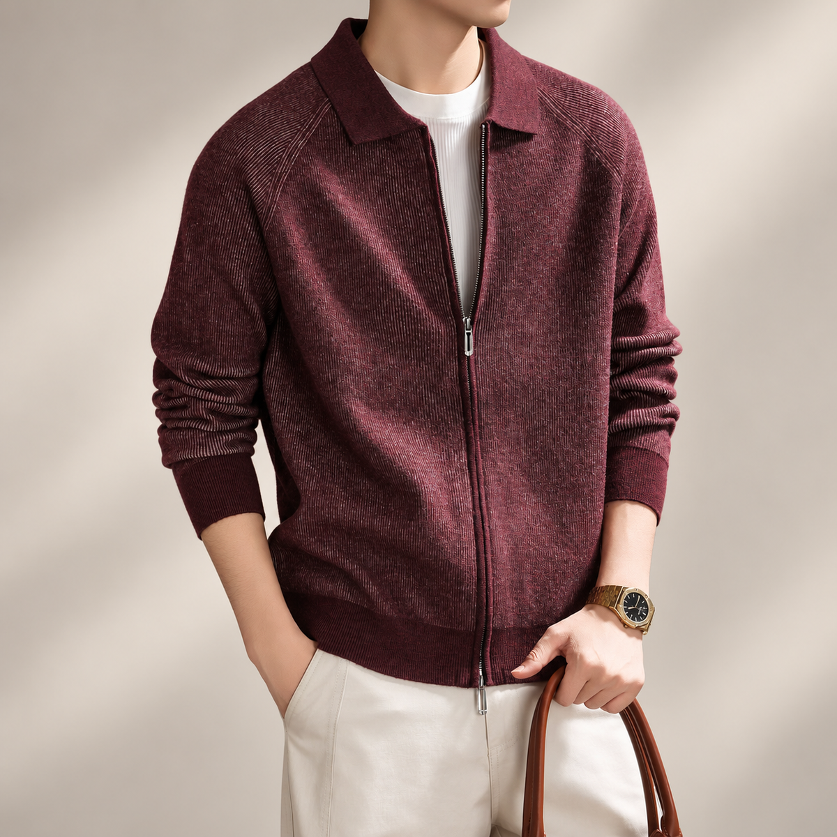 Alden Men's Long Sleeve Ribbed Knit Zip-Up Jacket