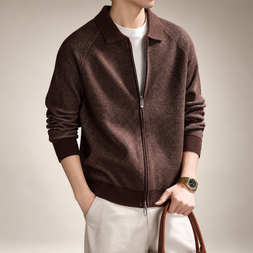 Alden Men's Long Sleeve Ribbed Knit Zip-Up Jacket