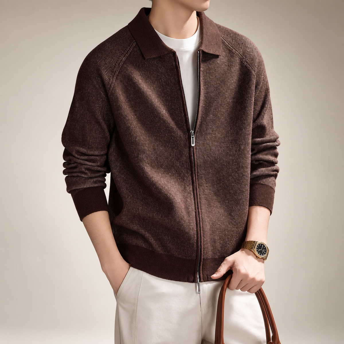 Alden Men's Long Sleeve Ribbed Knit Zip-Up Jacket
