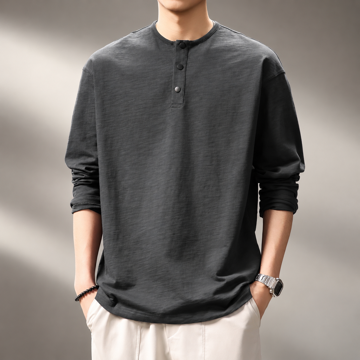 Merrick Men's Textured Long Sleeve Three-Button Henley Shirt