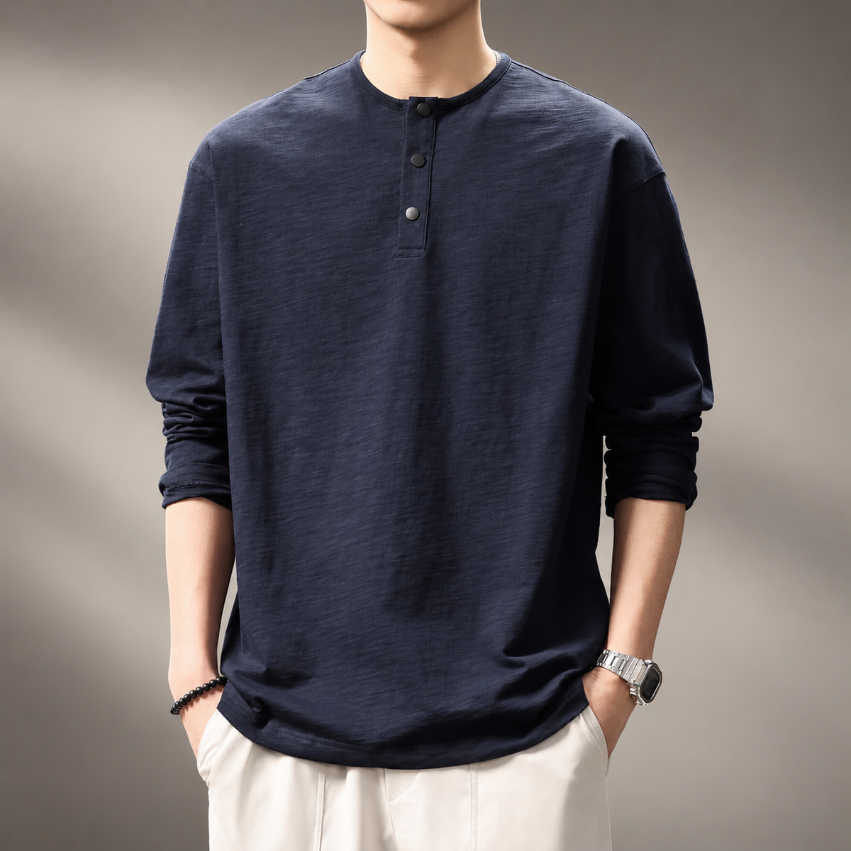 Merrick Men's Textured Long Sleeve Three-Button Henley Shirt