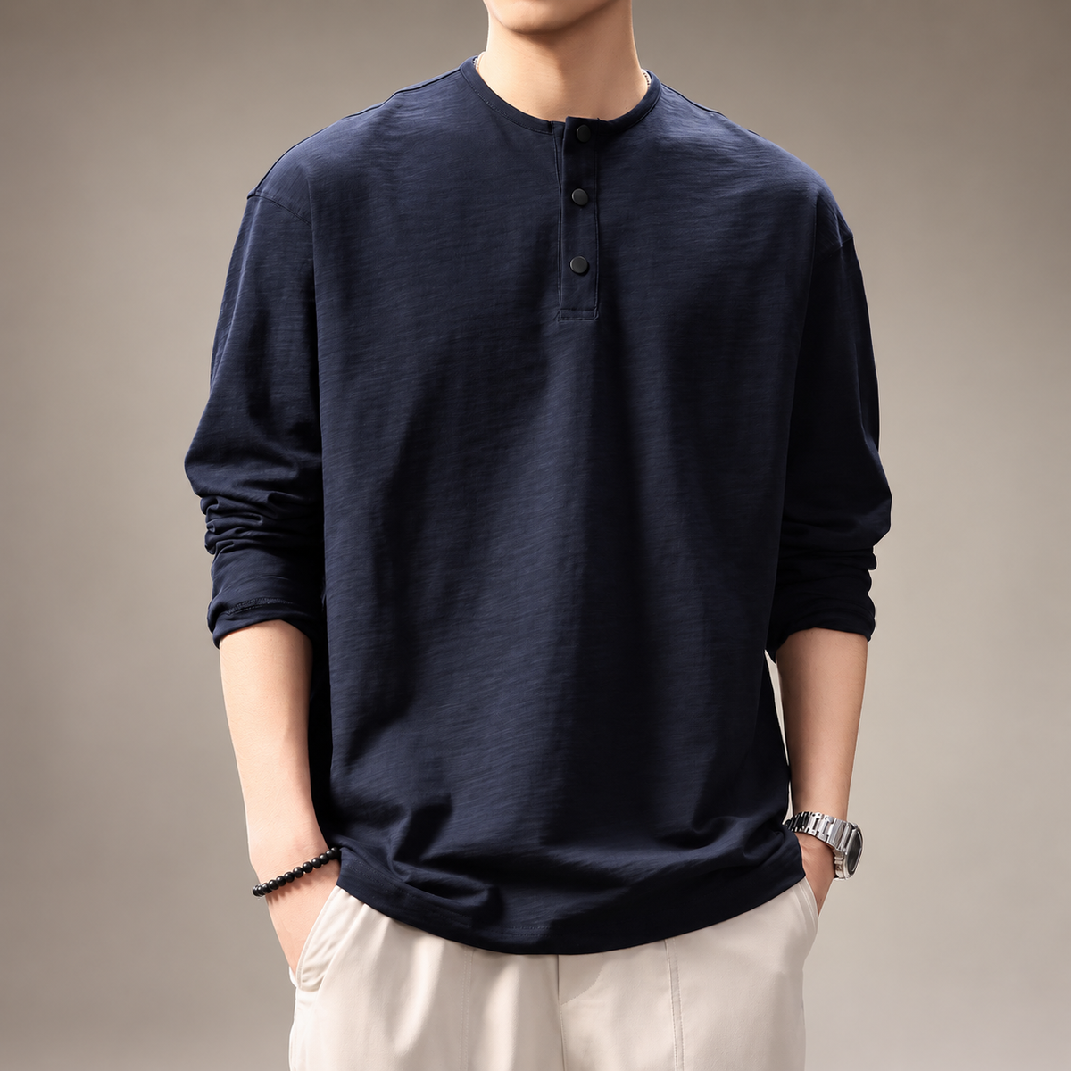 Merrick Men's Textured Long Sleeve Three-Button Henley Shirt