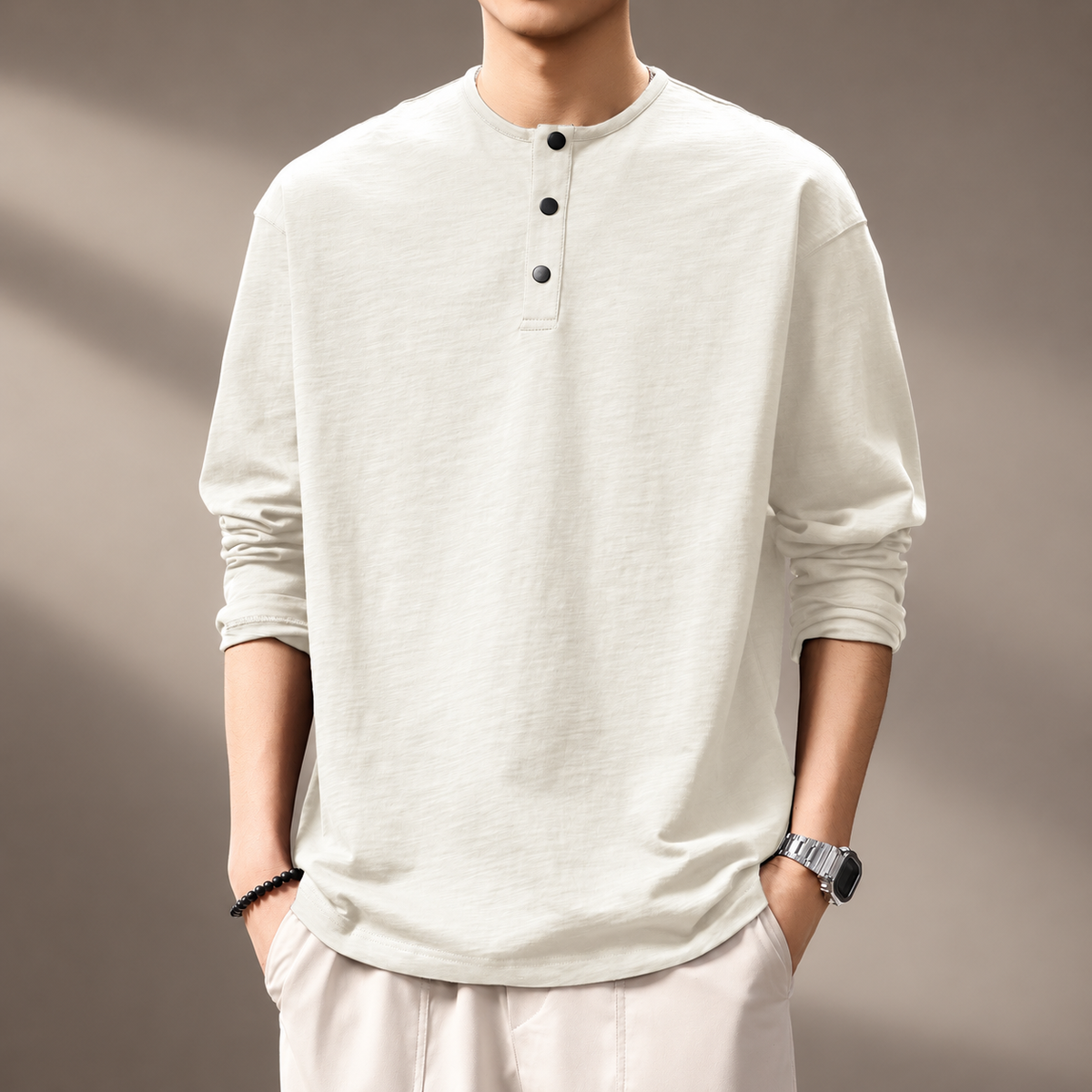 Merrick Men's Textured Long Sleeve Three-Button Henley Shirt