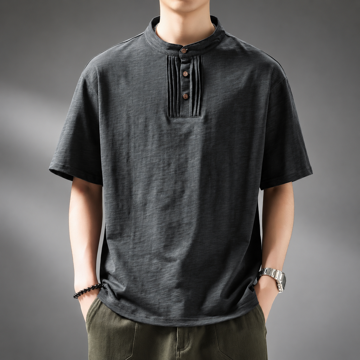 Azura Textured Stand Collar Button Shirt