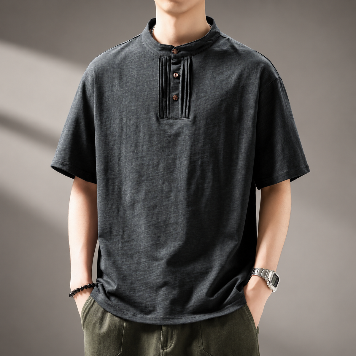 Azura Textured Stand Collar Button Shirt