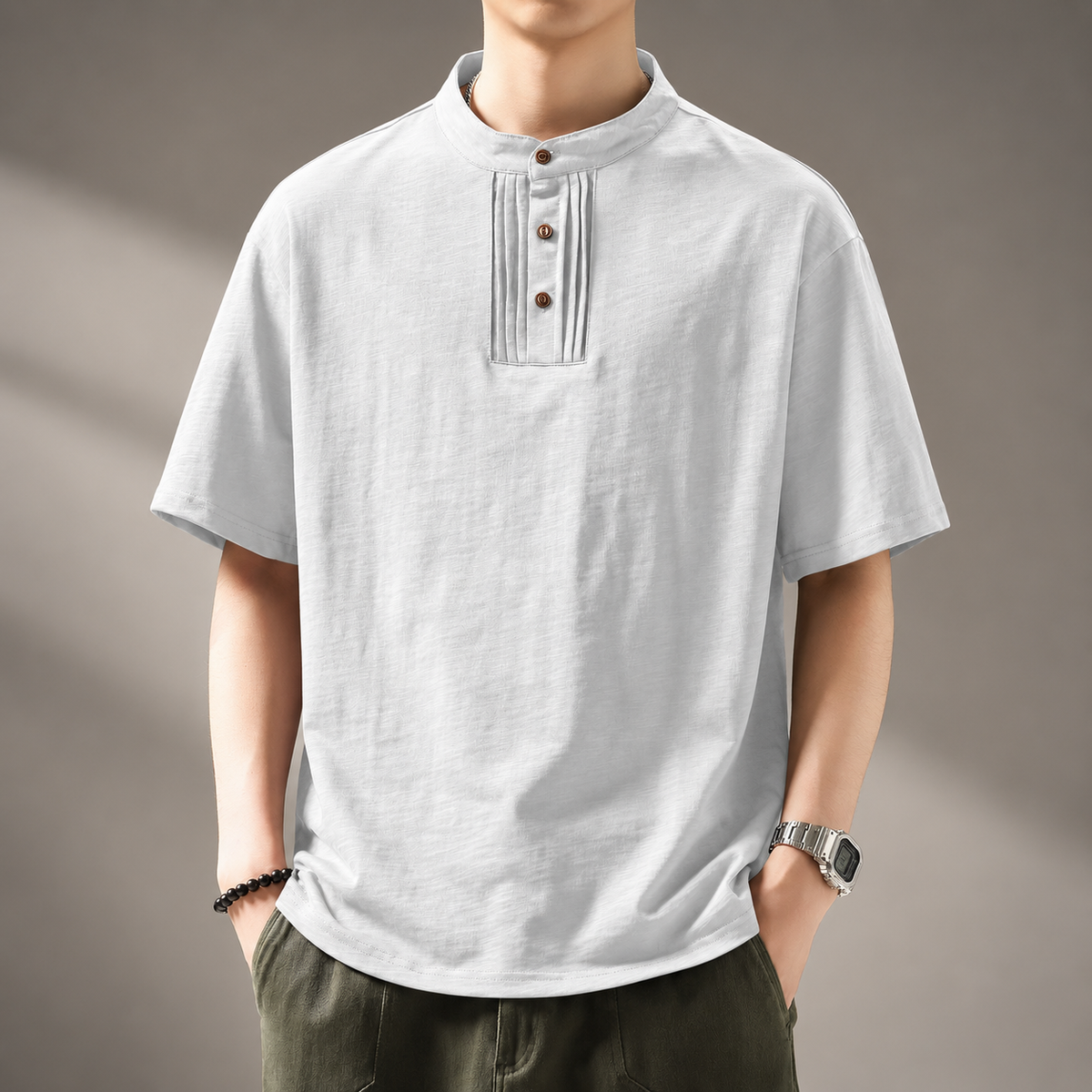 Azura Textured Stand Collar Button Shirt