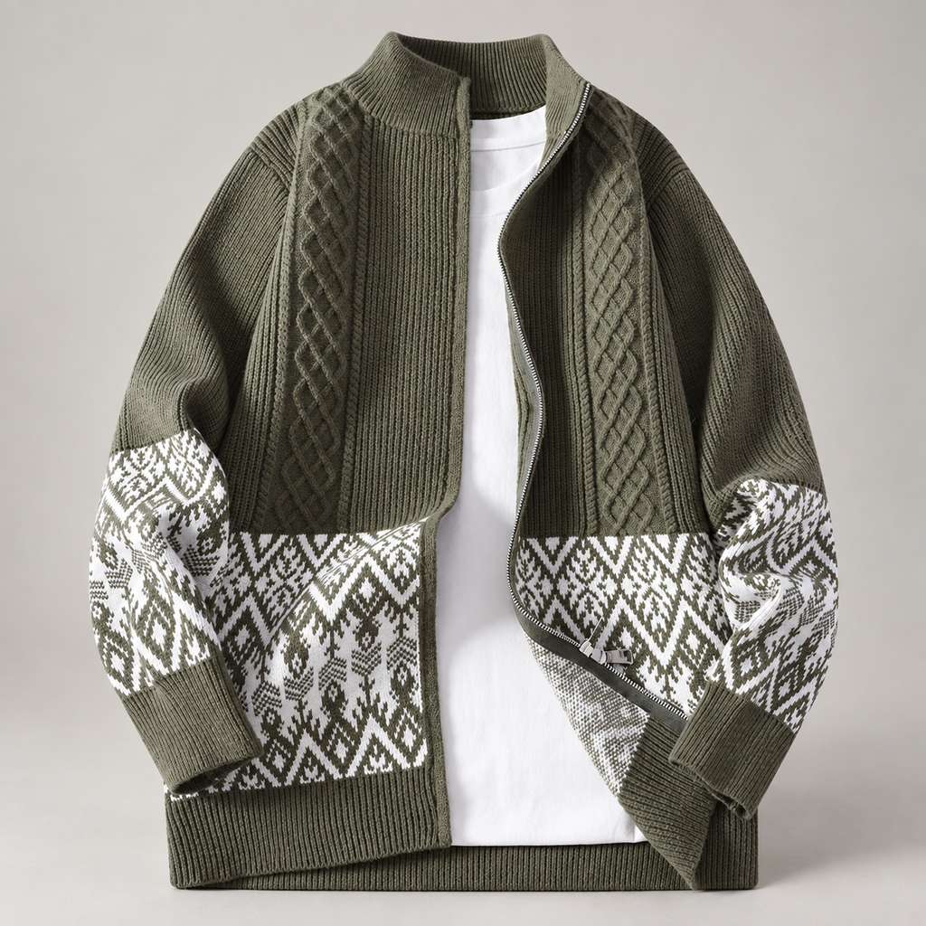 Matteo Men’s Cable Knit Zip-Up Cardigan Sweater with Geometric Pattern