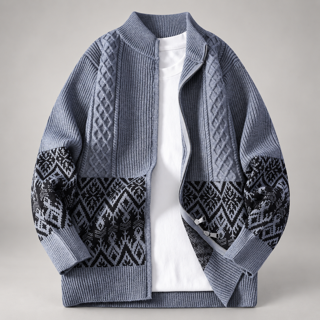 Matteo Men’s Cable Knit Zip-Up Cardigan Sweater with Geometric Pattern