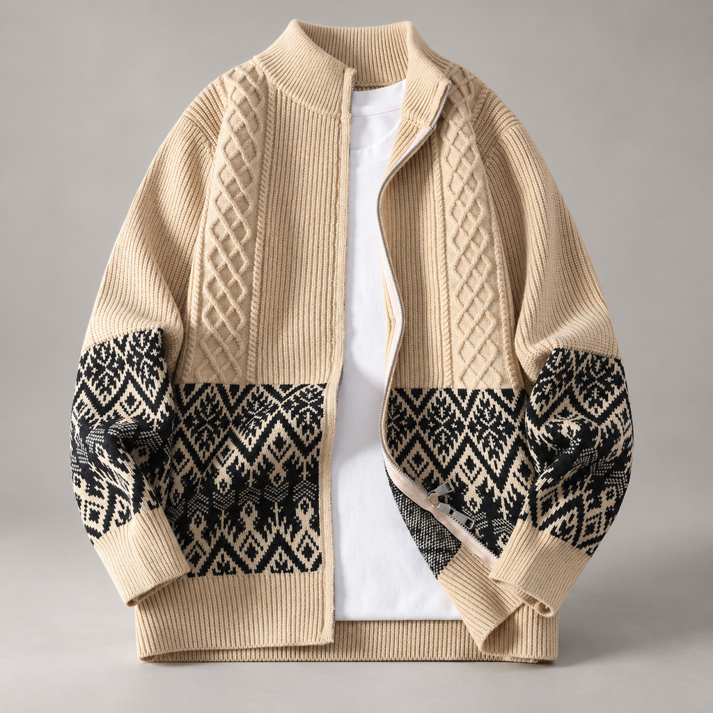 Matteo Men’s Cable Knit Zip-Up Cardigan Sweater with Geometric Pattern