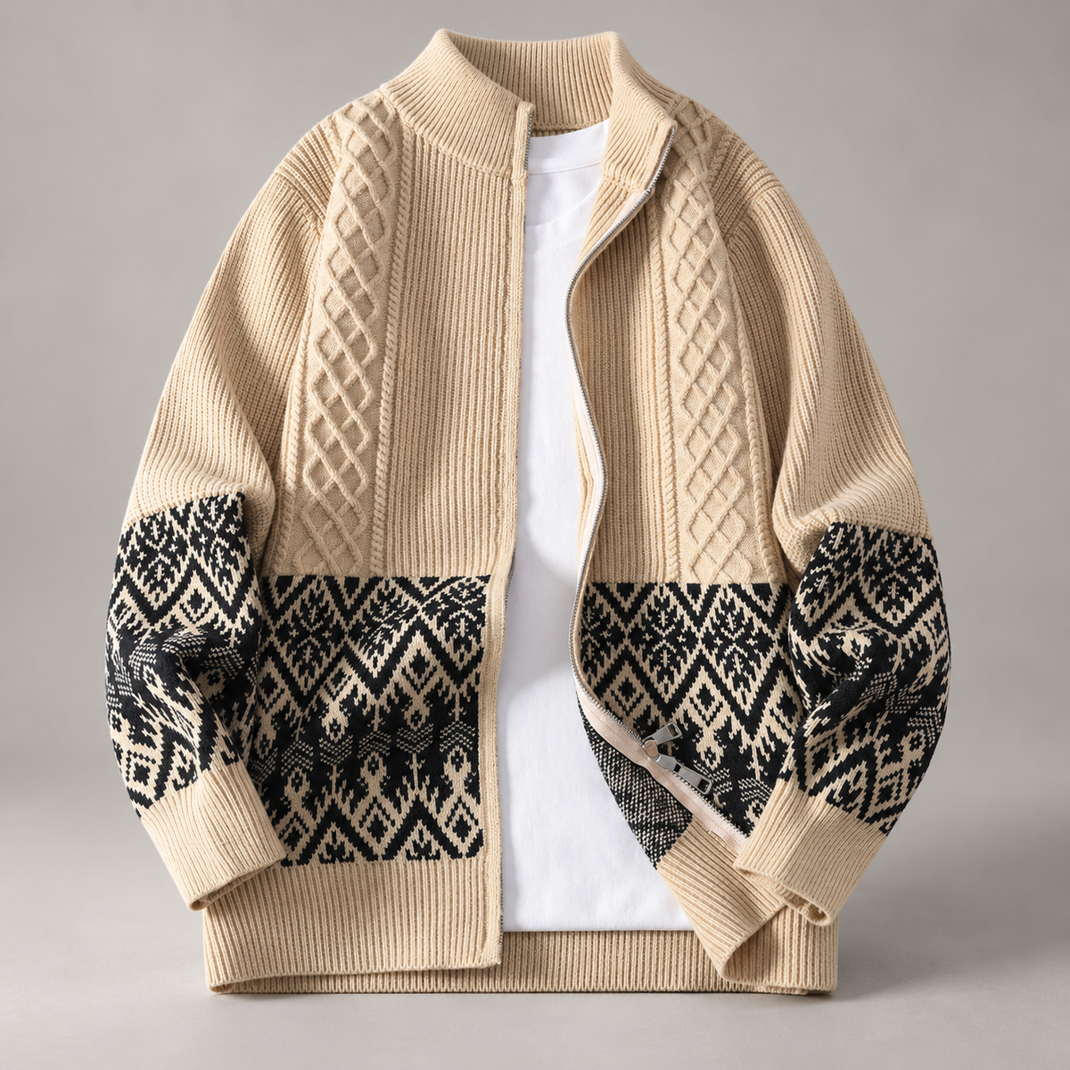 Matteo Men’s Cable Knit Zip-Up Cardigan Sweater with Geometric Pattern