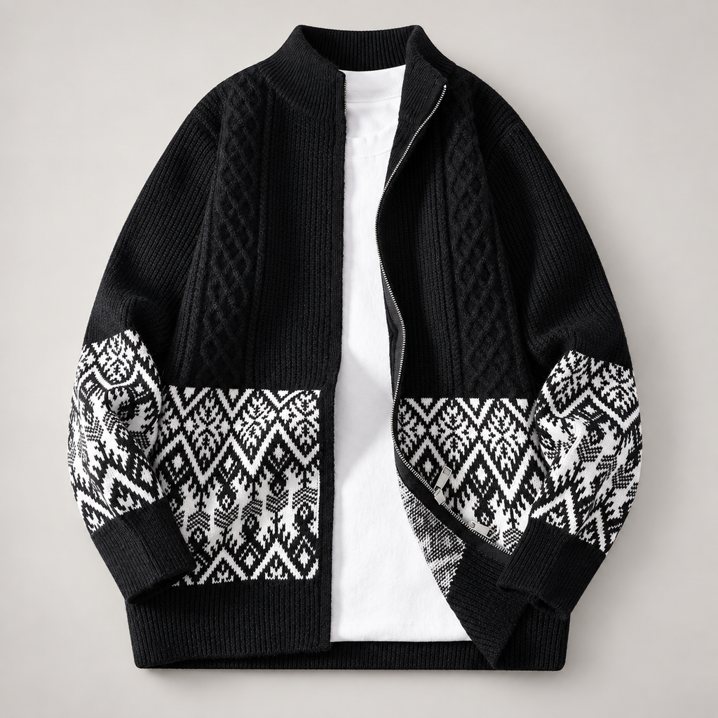 Matteo Men’s Cable Knit Zip-Up Cardigan Sweater with Geometric Pattern