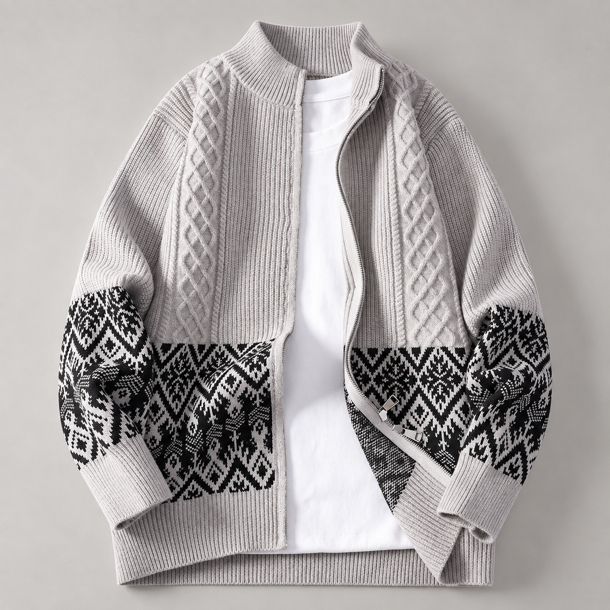 Matteo Men’s Cable Knit Zip-Up Cardigan Sweater with Geometric Pattern