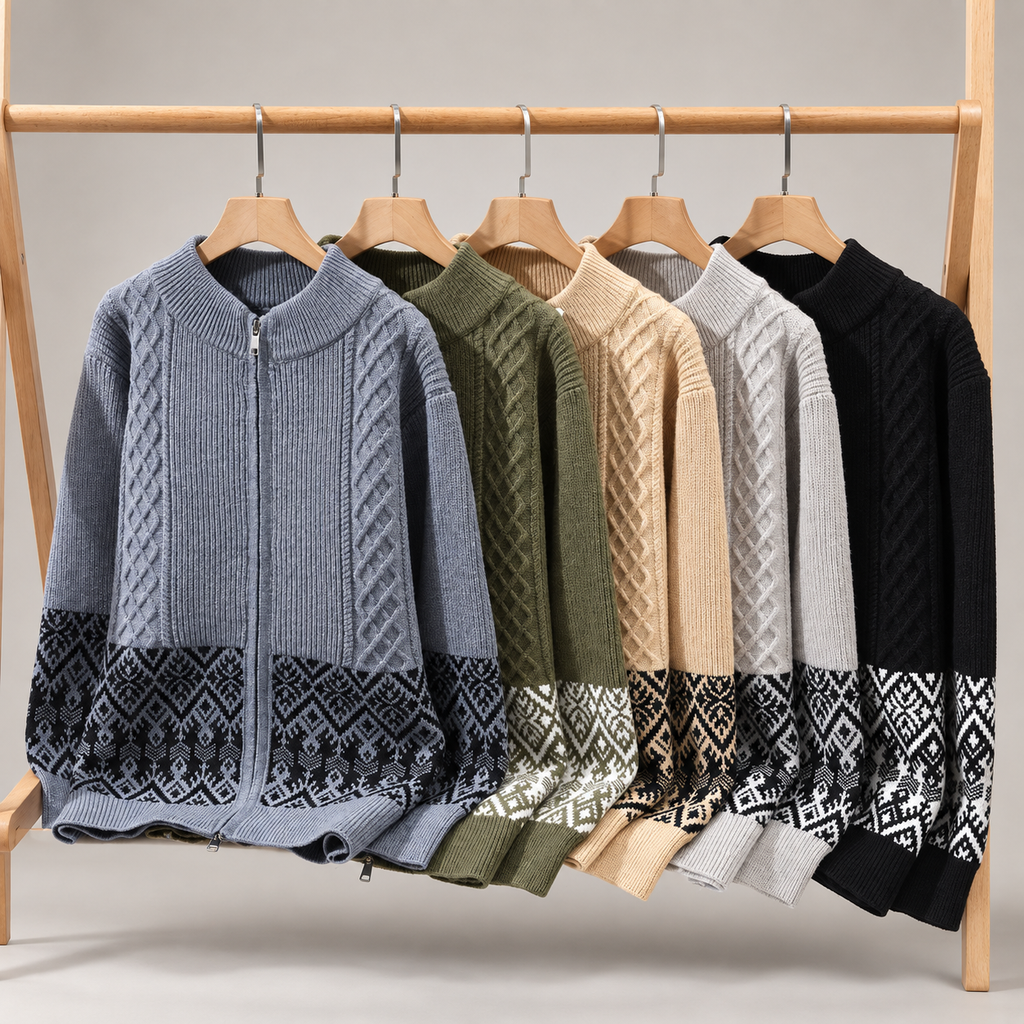 Matteo Men’s Cable Knit Zip-Up Cardigan Sweater with Geometric Pattern