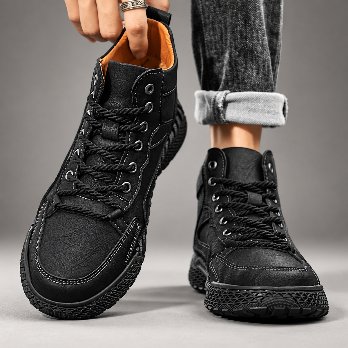 Theo Textured Lace-Up High-Top Casual Boots