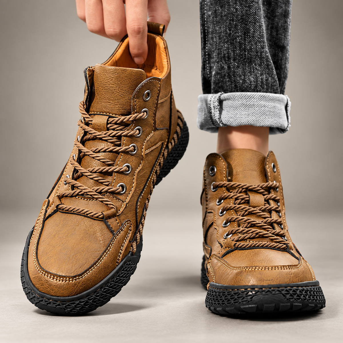 Theo Textured Lace-Up High-Top Casual Boots