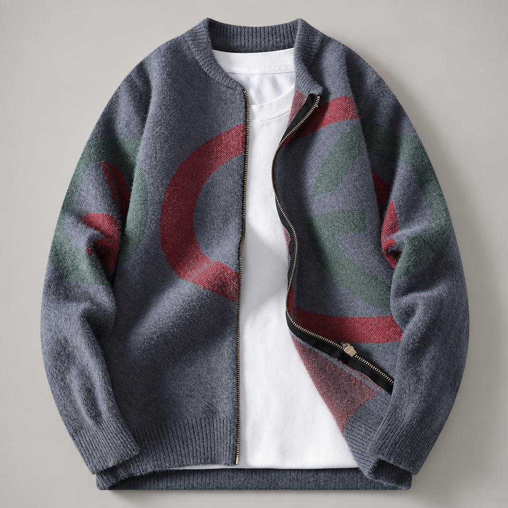 Julian Geometric Pattern Zip-Up Knit Cardigan Sweater