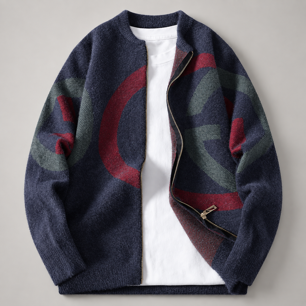 Julian Geometric Pattern Zip-Up Knit Cardigan Sweater
