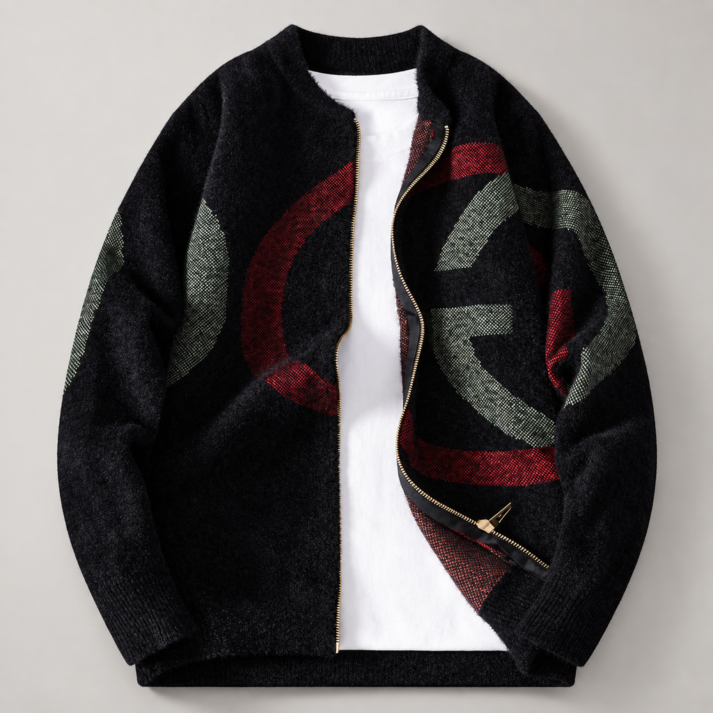Julian Geometric Pattern Zip-Up Knit Cardigan Sweater