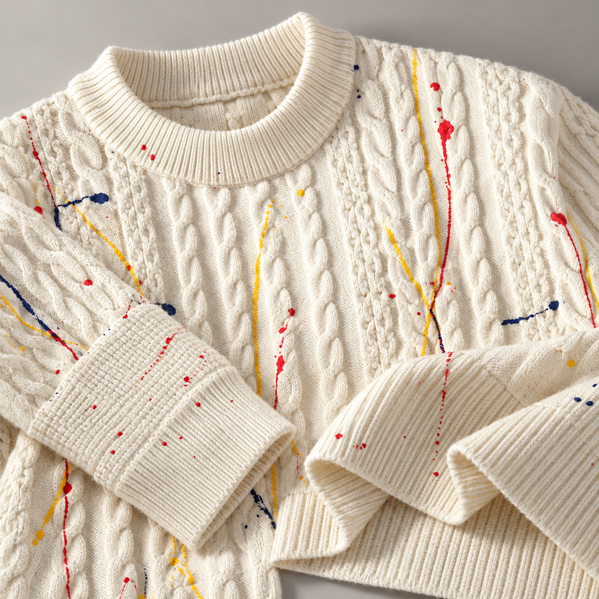 Emmett Cable Knit Crewneck Sweater with Multicolor Paint-Splatter Pattern
